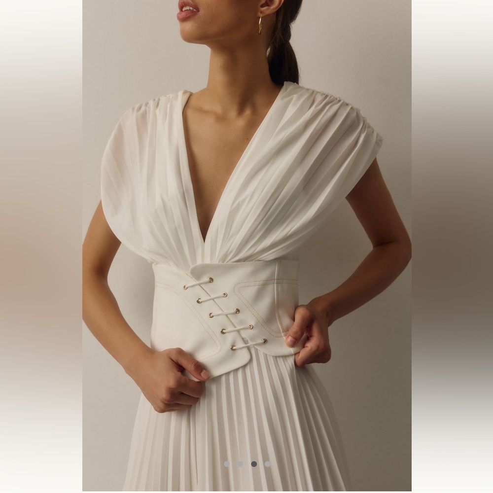 Aceler Anthropologie white Assymetric pleated midi gown